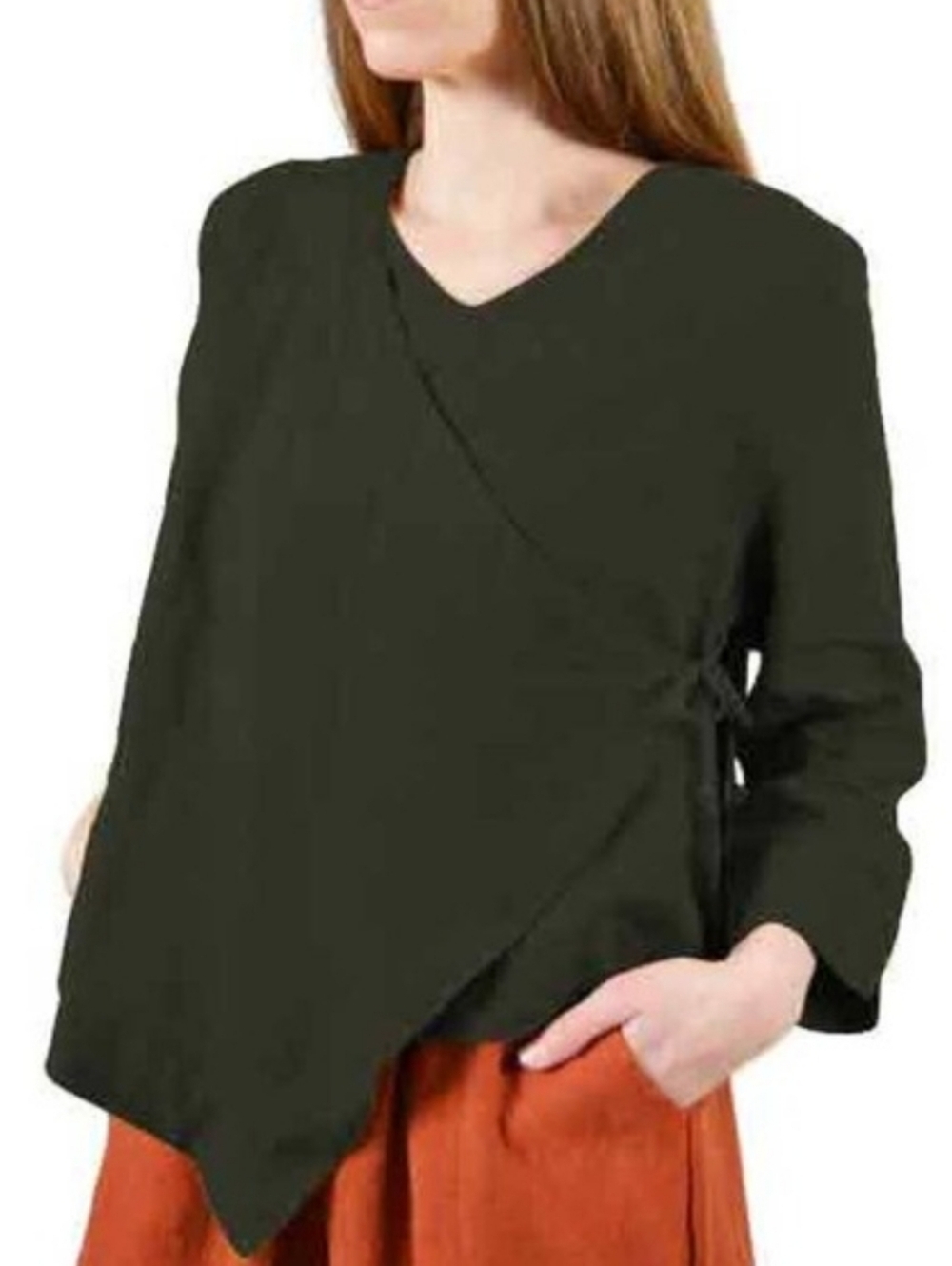 Bryn Walker Mia Linen Lagenlook Women’s Rust Faux Wrap-Front Linen Top - Picture 7 of 9